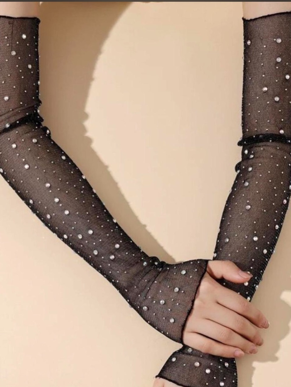 Black Sheer Pearl-Embellished Long Gloves - Women Accessories